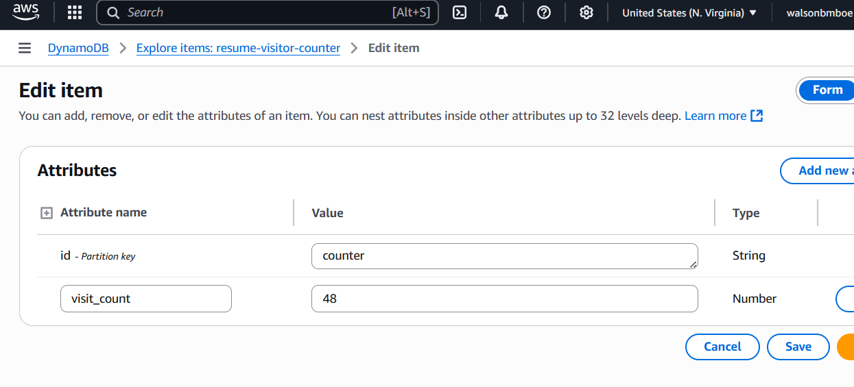 DynamoDB Visitor count Screenshoot